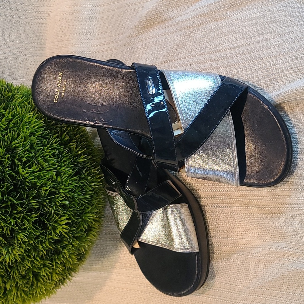Cole Haan sandal 10 navy blue and silver 2 inch wedge heel EUC